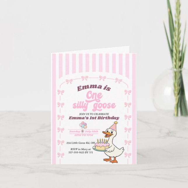 Pink Bow One Silly Goose Girl 1st Birthday Party  Invitation (Front)