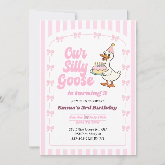 Pink Bow One Silly Goose Girl 3rd Birthday Party Invitation (Front)