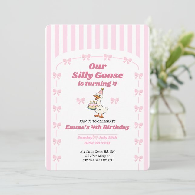 Pink Bow One Silly Goose Girl 4th Birthday Party Invitation (Standing Front)