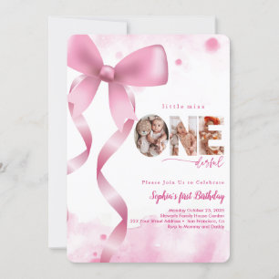 Pink Bow Onederful Baby Girl Photo 1st Birthday Invitation