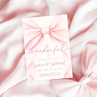 Pink Bow Onederful Girl 1st Birthday Invitation