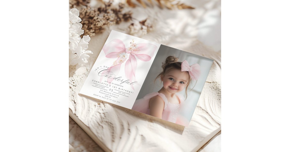 Pink Bow Onederful girl 1st Birthday Photo Invitation | Zazzle