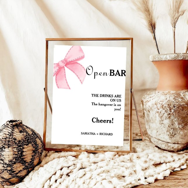 Pink Bow Open Bar Wedding Drinks Bar Sign (Creator Uploaded)