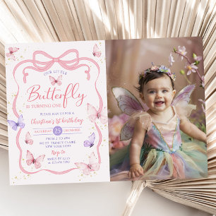 Pink Bow Our Little Butterfly Birthday Photo Invitation