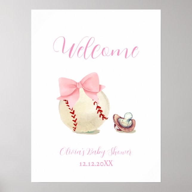 Pink Bow Pacifier Baseball Baby Shower Welcome Poster (Front)