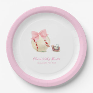 Pink Bow Pacifier Baseball Sport Girl Baby Shower Paper Plate