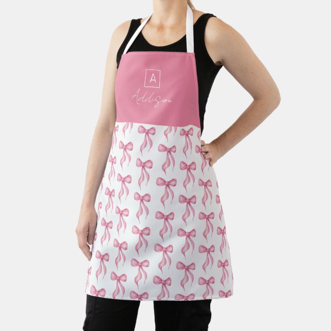Pink Bow Pattern Monogram Personalised Apron (Insitu)