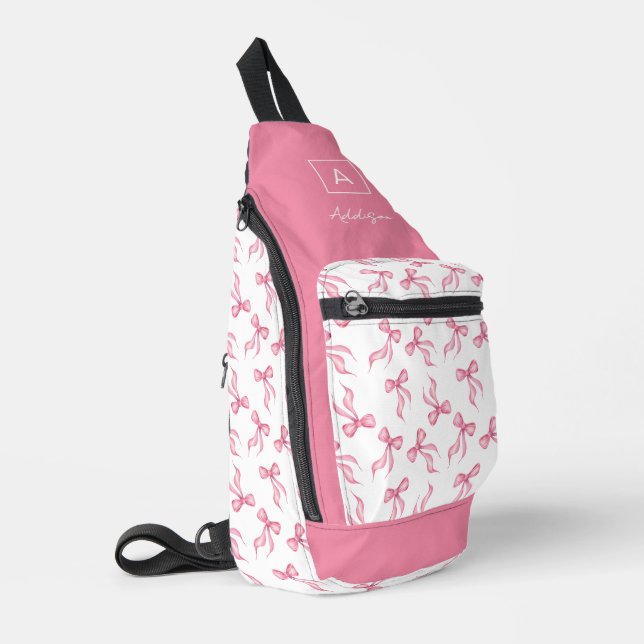 Pink Bow Pattern Monogram Personalised Sling Bag (Left Corner)