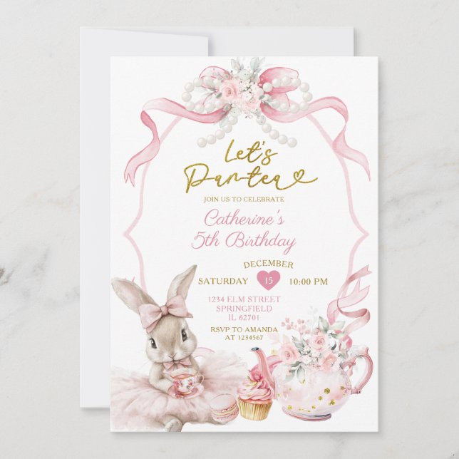Pink Bow Pearl Let's Par-tea Bunny Girl Birthday Invitation (Front)
