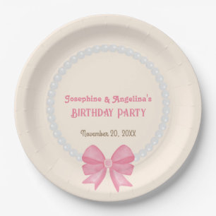 Pink Bow Pearl Photo Girl Joint Birthday Welcome Paper Plate