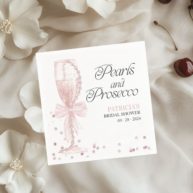 Pink Bow Pearls And Prosecco Bridal Shower Napkin (Creator Uploaded)