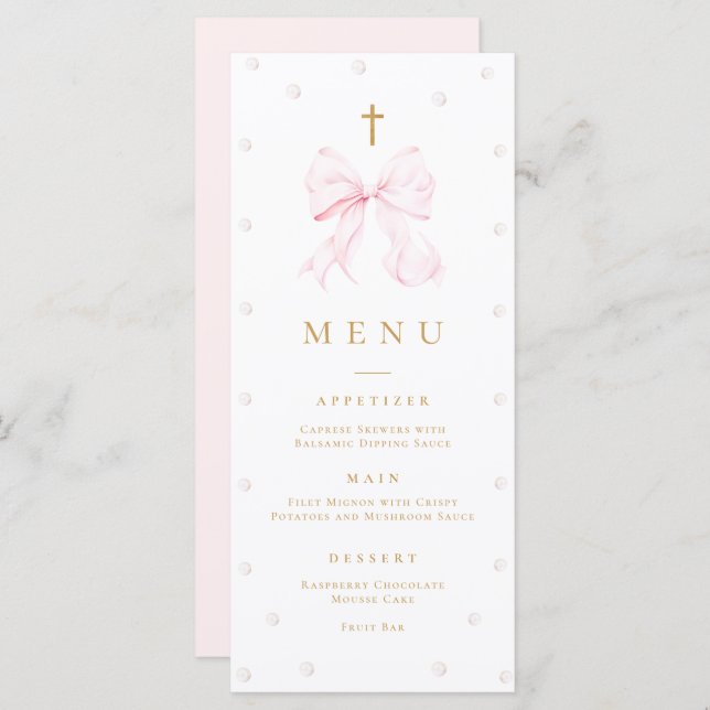Pink Bow Pearls Baptism Flat Menu (Front/Back)