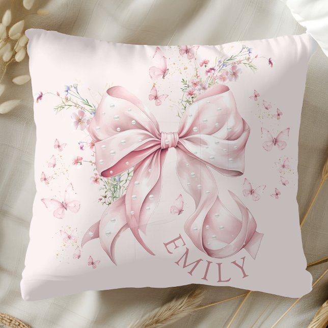 Pink Bow Pearls Coquette Girly Cushion (Elegant Pink Bow Pearls and Floral Girly Pillow)
