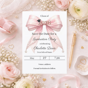 Pink bow pearls elegant girl Graduation party Save The Date