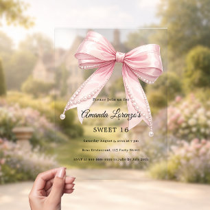 Pink bow pearls elegant Sweet 16 luxury clear Acrylic Invitations
