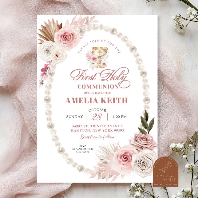 Pink Bow Pearls First Holy Communion Christening Invitation (Creator Uploaded)