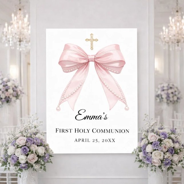 Pink bow pearls First Holy Communion welcome Poster (Creator Uploaded)