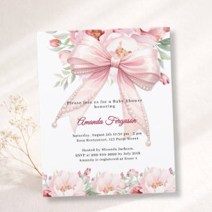 Pink bow pearls floral girl Baby Shower invitation