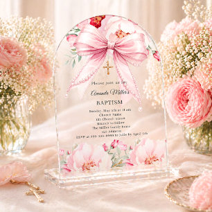 Pink bow pearls florals girl clear Baptism arch Acrylic Invitations