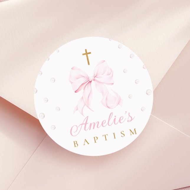 Pink Bow Pearls Girl Baptism Classic Round Sticker (Creator Uploaded)