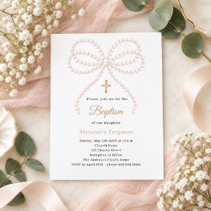 Pink bow pearls girl Baptism invitation