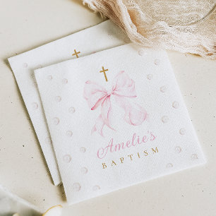Pink Bow Pearls Girl Baptism Napkin