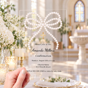 Pink bow pearls girl clear luxury Confirmation Acrylic Invitations