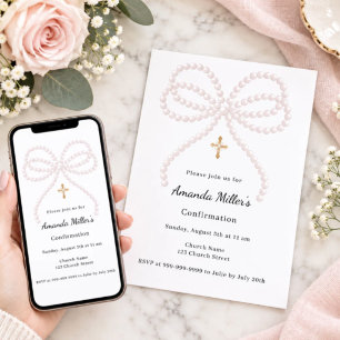 Pink bow pearls girl Confirmation Invitation