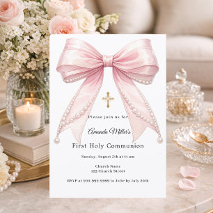 Pink bow pearls girl elegant First Communion Invitation