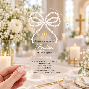 Pink bow pearls girl luxury Baptism arch Acrylic Invitations