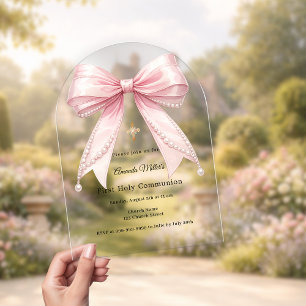 Pink bow pearls luxury First Communion arch Acrylic Invitations