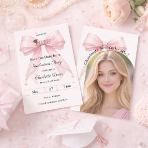 Pink bow pearls photo arch Graduation party Save The Date