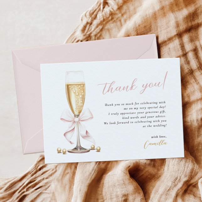 Pink Bow Pearls & Prosecco Bridal Shower Thank You Card (Creator Uploaded)