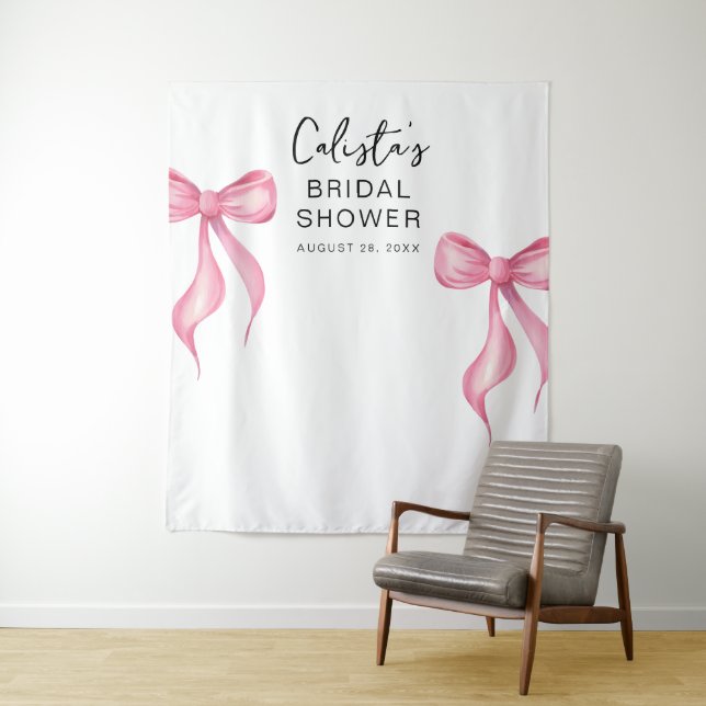 Pink Bow Personalised Bridal Shower Large Backdrop Tapestry (In Situ)