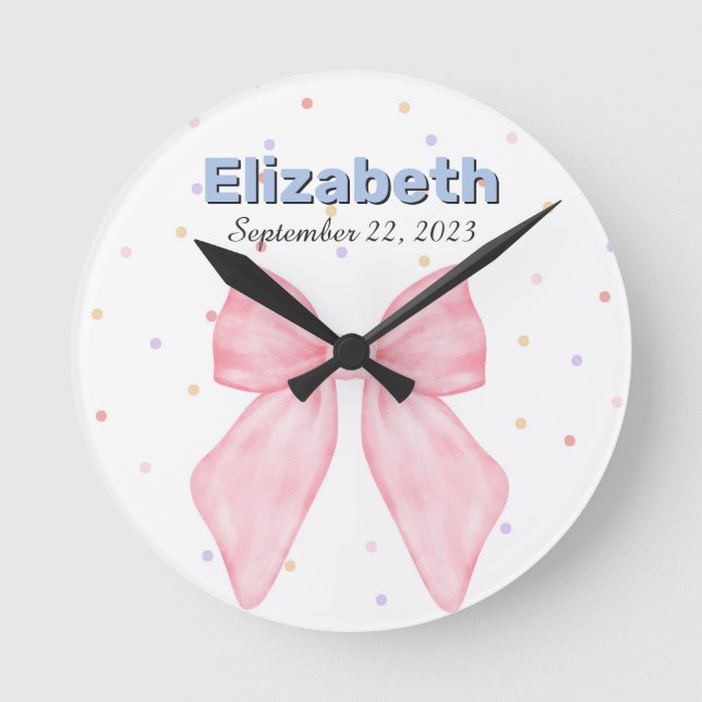 Pink Bow Personalised Custom Name Girl Round Clock (Front)