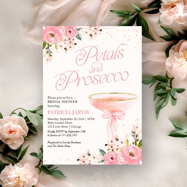 Pink Bow Petals And Prosecco Bridal Shower Invitation (Creator Uploaded)