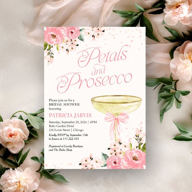Pink Bow Petals And Prosecco Bridal Shower Invitation (Creator Uploaded)