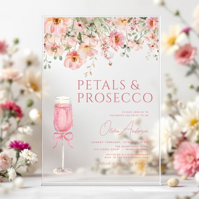 Pink Bow Petals & Prosecco Blush Bridal Shower  Acrylic Invitations (Creator Uploaded)