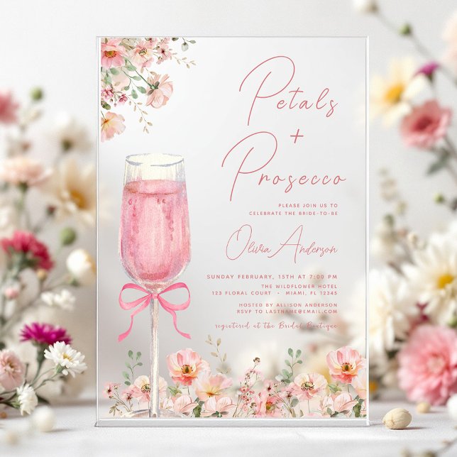 Pink Bow Petals & Prosecco Blush Bridal Shower  Acrylic Invitations (Creator Uploaded)