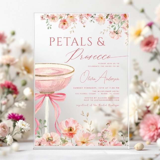 Pink Bow Petals & Prosecco Blush Bridal Shower  Acrylic Invitations (Creator Uploaded)