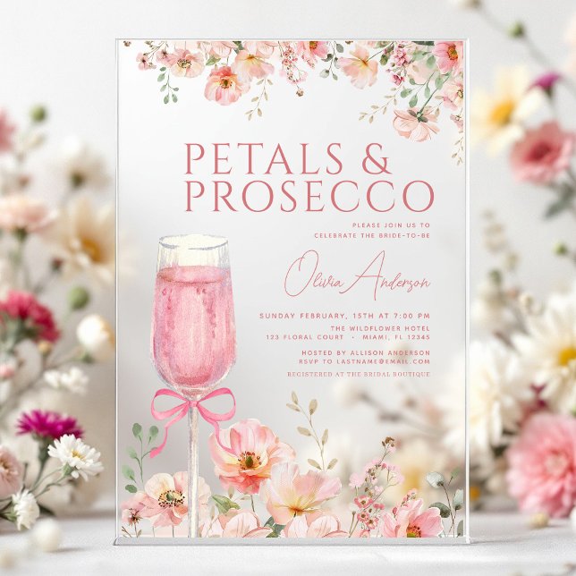 Pink Bow Petals & Prosecco Blush Bridal Shower  Acrylic Invitations (Creator Uploaded)