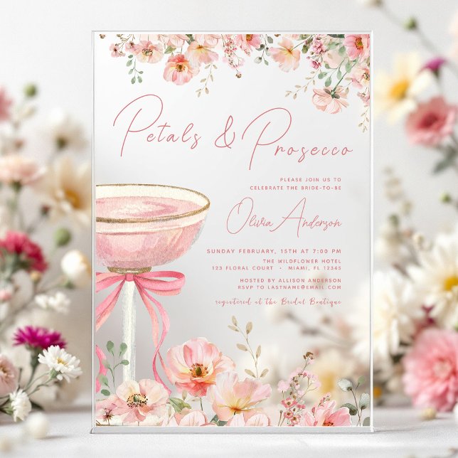 Pink Bow Petals & Prosecco Blush Bridal Shower  Acrylic Invitations (Creator Uploaded)