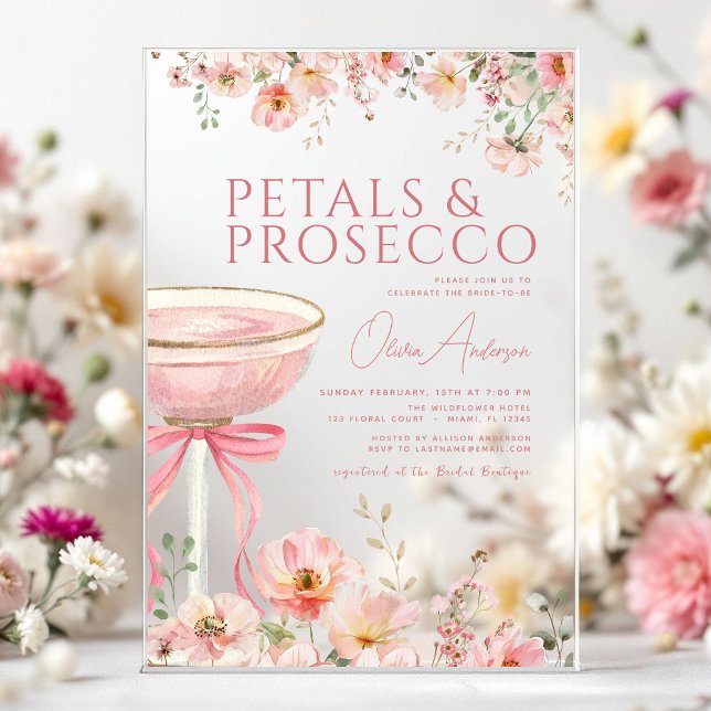 Pink Bow Petals & Prosecco Blush Bridal Shower  Acrylic Invitations (Creator Uploaded)