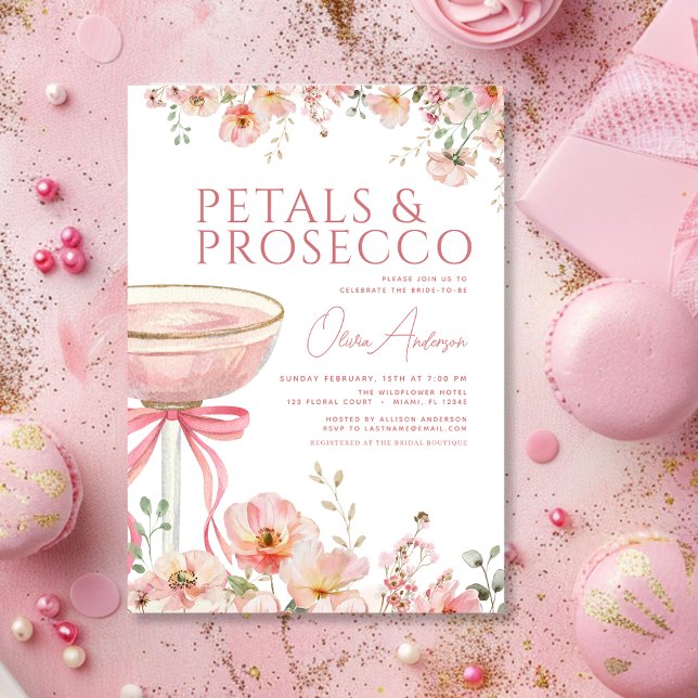 Pink Bow Petals & Prosecco Blush Bridal Shower  Invitation (Creator Uploaded)