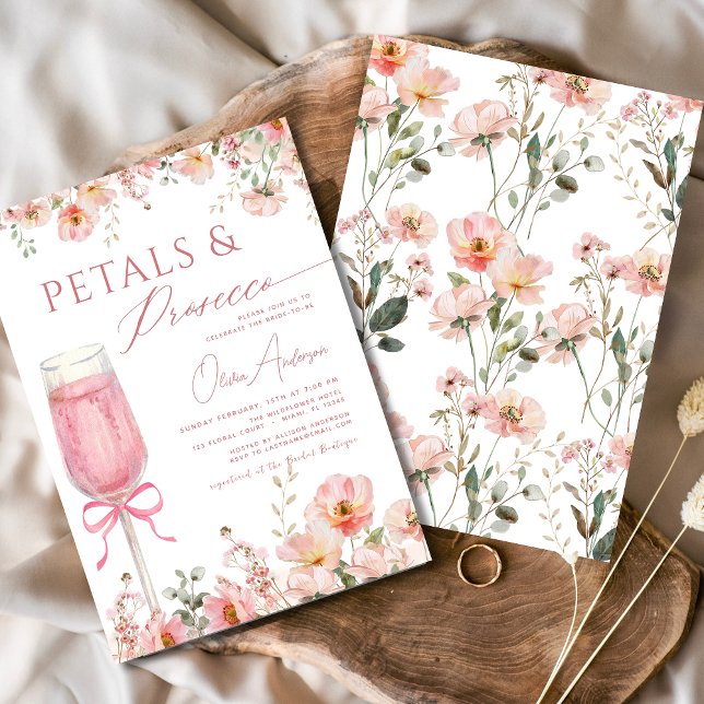 Pink Bow Petals & Prosecco Blush Bridal Shower  Invitation (Creator Uploaded)