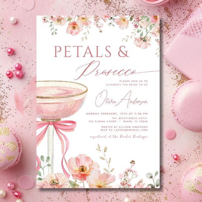 Pink Bow Petals & Prosecco Blush Bridal Shower  Invitation (Creator Uploaded)