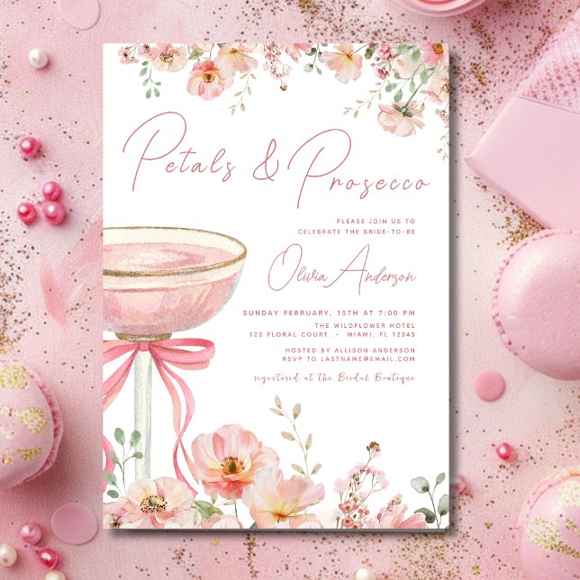 Pink Bow Petals & Prosecco Blush Bridal Shower  Invitation (Creator Uploaded)