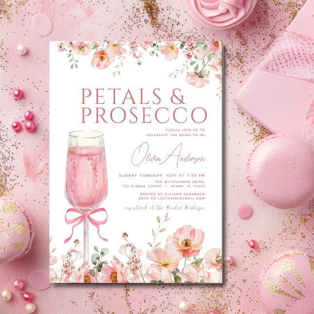 Pink Bow Petals & Prosecco Blush Bridal Shower  Invitation (Creator Uploaded)