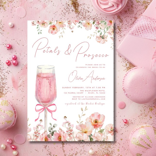 Pink Bow Petals & Prosecco Blush Bridal Shower  Invitation (Creator Uploaded)