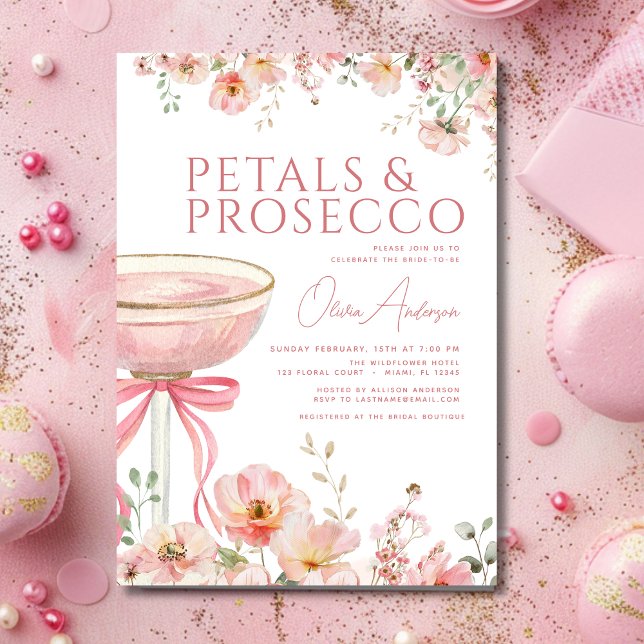Pink Bow Petals & Prosecco Blush Bridal Shower  Invitation (Creator Uploaded)